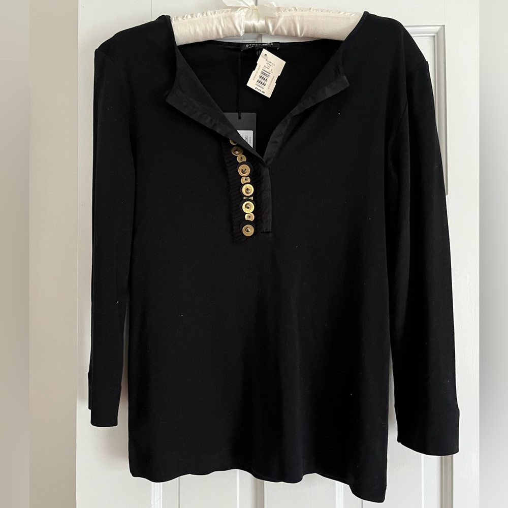Strenesse black cotton three-quarter sleeve vintage top w/edgy brass accents-NWT
